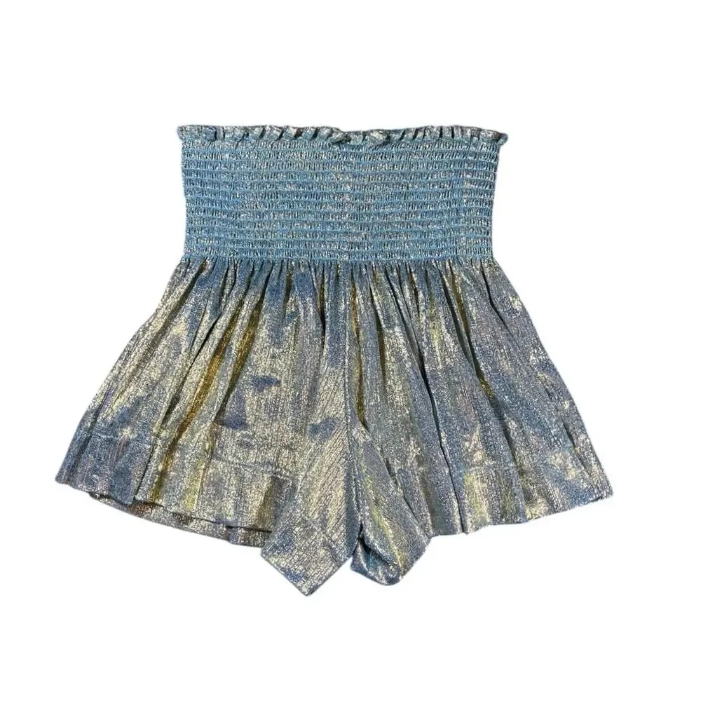 Queen of Sparkles Blue Gold Dusted Swing Shorts - XS